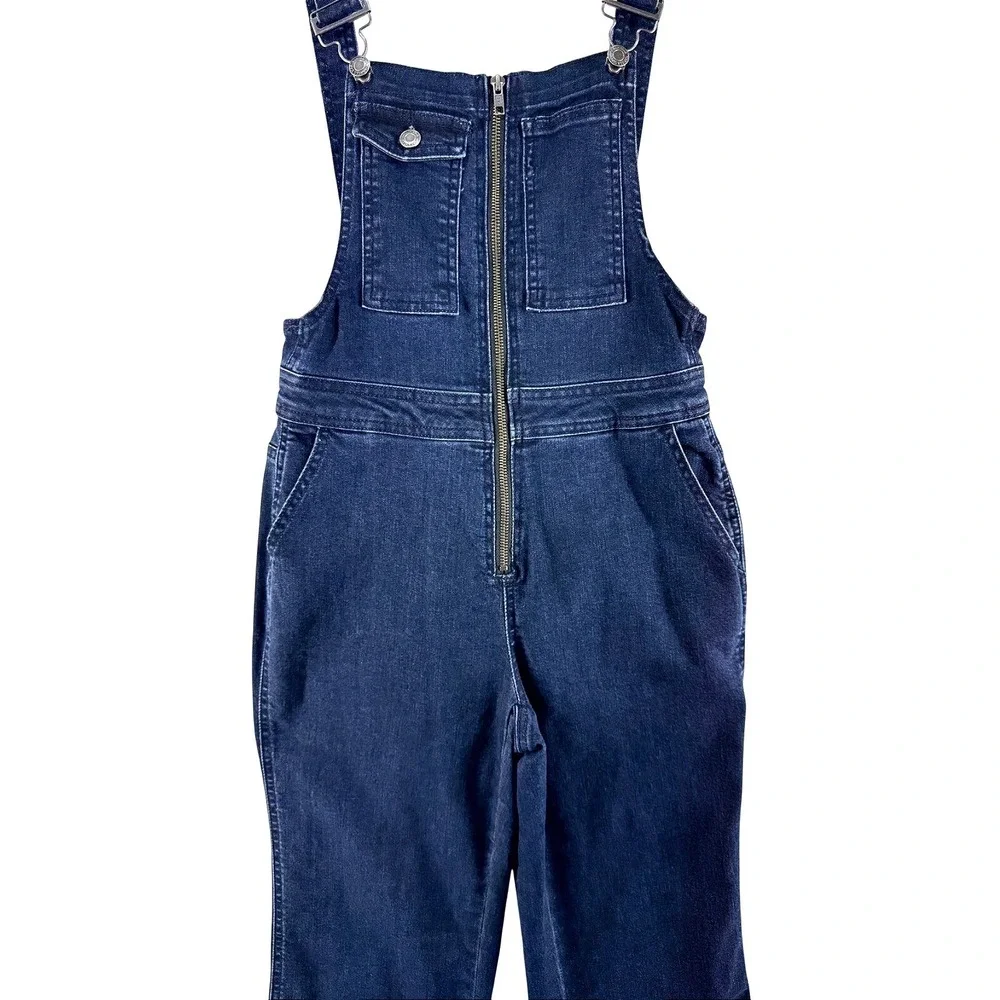 Womens Dark Wash Denim Zip Front Overalls Flare Sz S 70s Retro Festival Tradwife
